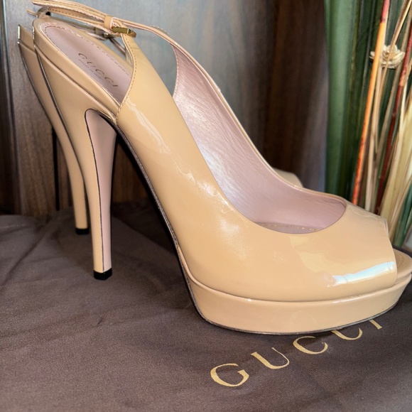 Gucci Shoes - Gucci Beige Patent Leather Peep Toe Platform Slingback Pumps Size 40 US size 10